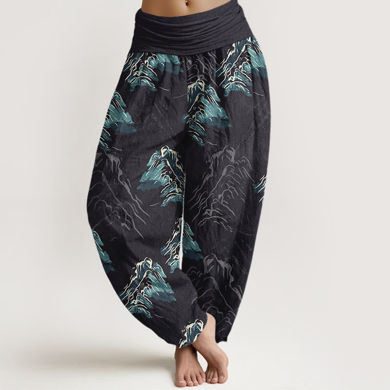 Pantaloni harem da donna con elastico in vita, in puro cotone, con montagne verde smeraldo vivaci, Buddha Stones - Nero - US16, UK/AU20, EU48 (3XL) - image 0