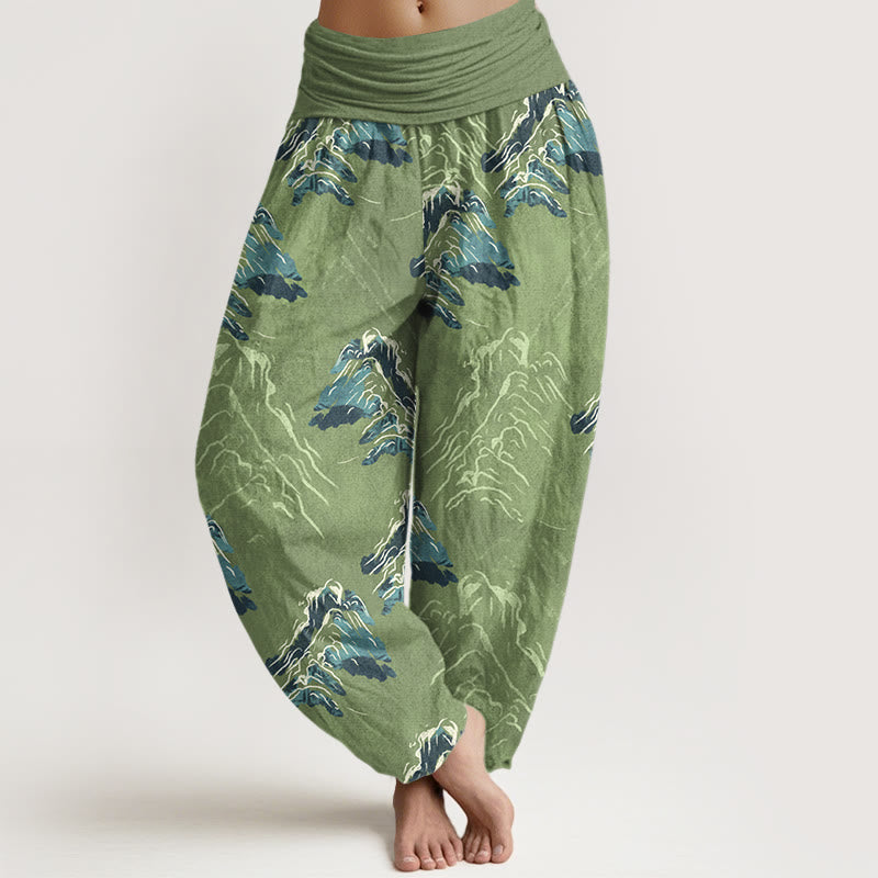 Pantaloni harem da donna con elastico in vita, in puro cotone, con montagne verde smeraldo vivaci, Buddha Stones - Verde chiaro - US16, UK/AU20, EU48 (3XL) - image 5