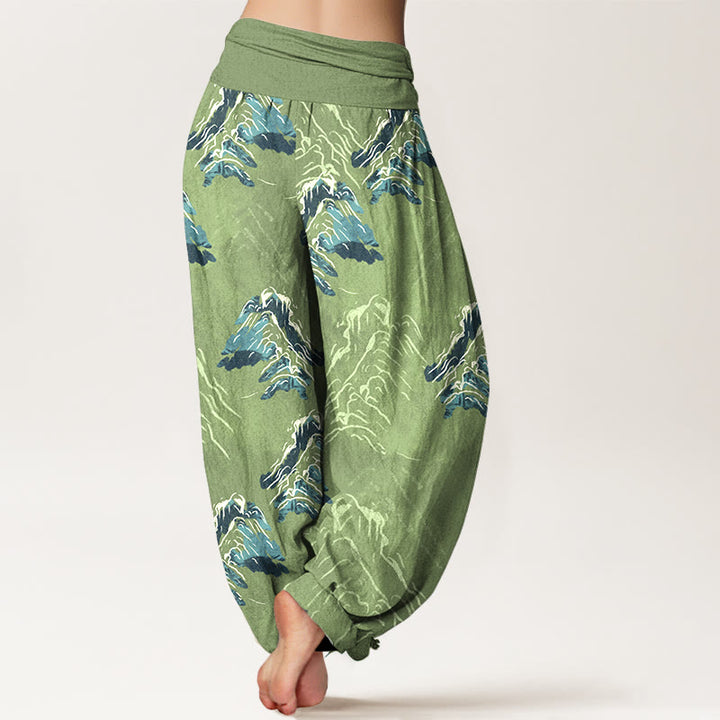 Pantaloni harem da donna con elastico in vita, in puro cotone, con montagne verde smeraldo vivaci, Buddha Stones - image 6