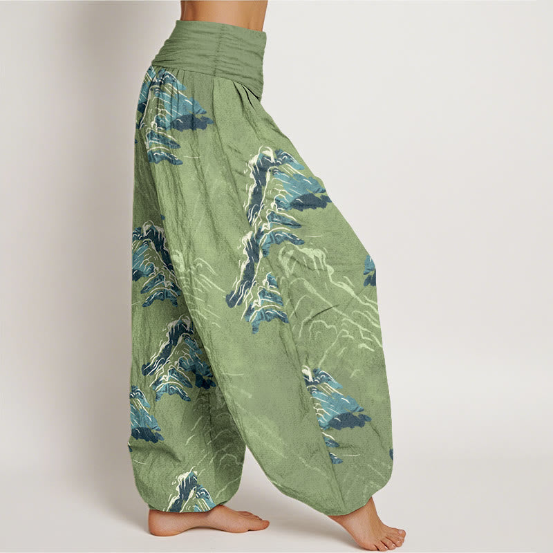 Pantaloni harem da donna con elastico in vita, in puro cotone, con montagne verde smeraldo vivaci, Buddha Stones - image 7