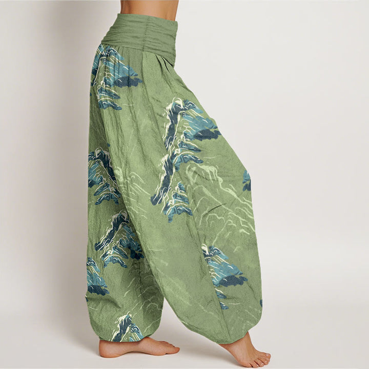 Pantaloni harem da donna con elastico in vita, in puro cotone, con montagne verde smeraldo vivaci, Buddha Stones - image 7