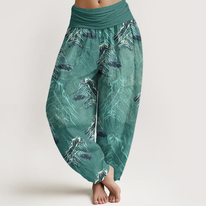 Pantaloni harem da donna con elastico in vita, in puro cotone, con montagne verde smeraldo vivaci, Buddha Stones - Turchese - US16, UK/AU20, EU48 (3XL) - image 8