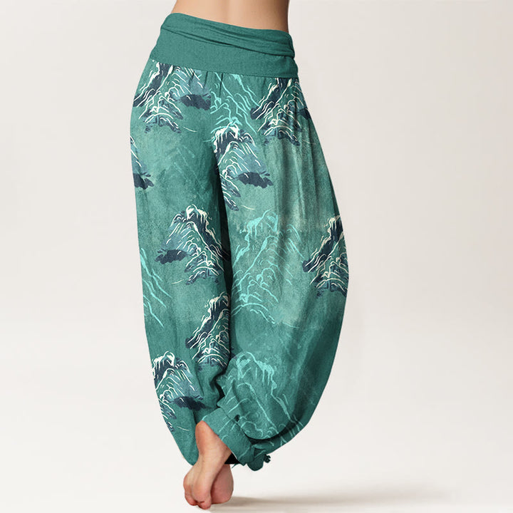 Pantaloni harem da donna con elastico in vita, in puro cotone, con montagne verde smeraldo vivaci, Buddha Stones - image 9