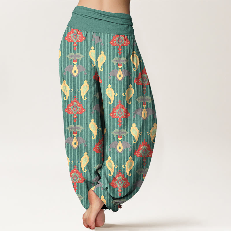 Pantaloni harem da donna con elastico in vita, in puro cotone, con triangolo, fiamma, forme geometriche e piume, motivo Buddha Stones - image 1