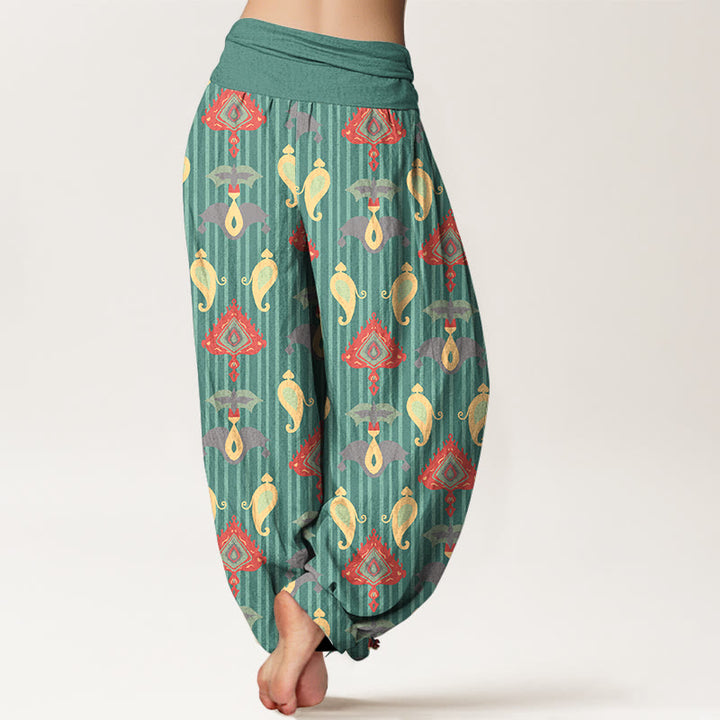 Pantaloni harem da donna con elastico in vita, in puro cotone, con triangolo, fiamma, forme geometriche e piume, motivo Buddha Stones - image 1
