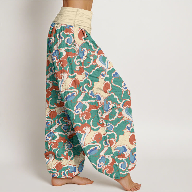 Pantaloni harem da donna in puro cotone con elastico in vita e piccole nuvole arricciate, motivo Buddha Stones - image 2