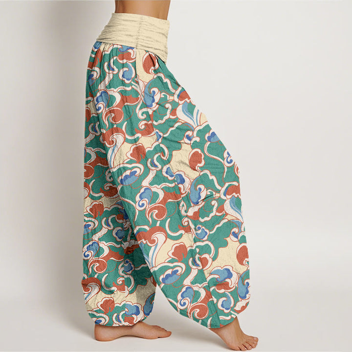 Pantaloni harem da donna in puro cotone con elastico in vita e piccole nuvole arricciate, motivo Buddha Stones - image 2