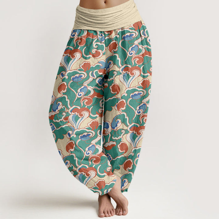 Pantaloni harem da donna in puro cotone con elastico in vita e piccole nuvole arricciate, motivo Buddha Stones - Beige - US16, UK/AU20, EU48 (3XL) - image 0