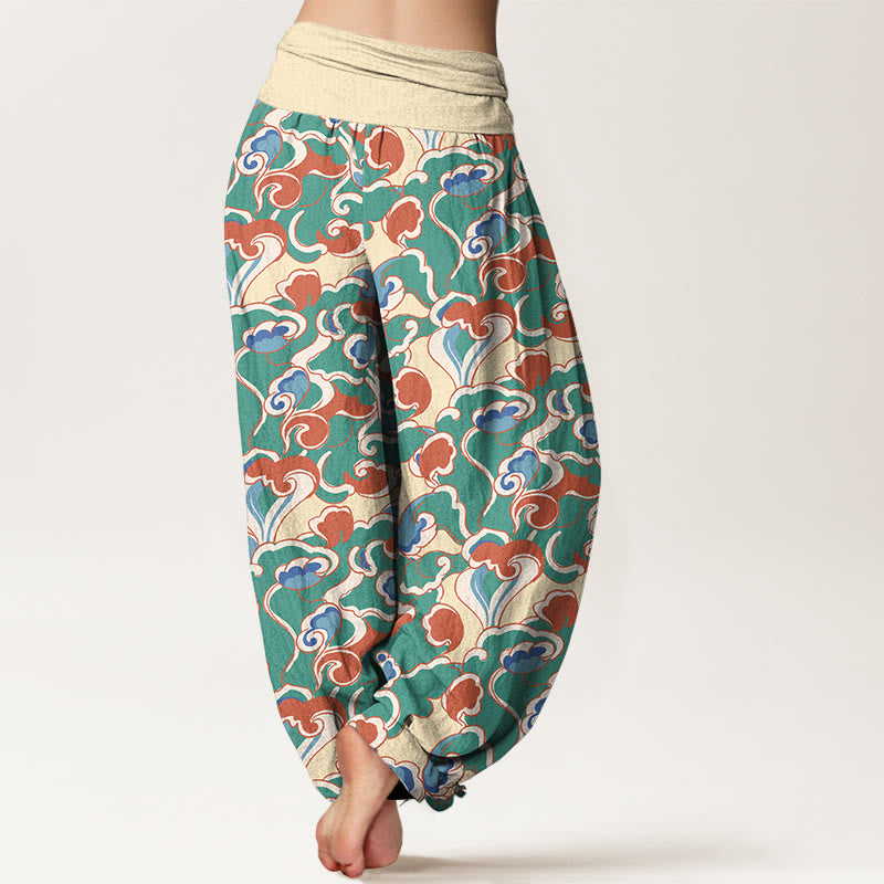 Pantaloni harem da donna in puro cotone con elastico in vita e piccole nuvole arricciate, motivo Buddha Stones - image 1