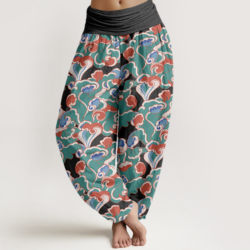 Pantaloni harem da donna in puro cotone con elastico in vita e piccole nuvole arricciate, motivo Buddha Stones - Nero - US16, UK/AU20, EU48 (3XL) - image 5