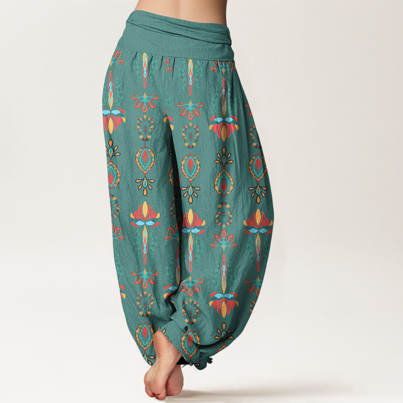 Pantaloni harem da donna con elastico in vita, geometrici, in puro Buddha Stones, con fiori di loto colorati e foglie verdi - image 1