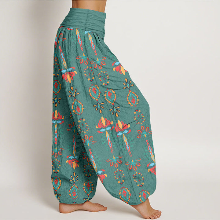 Pantaloni harem da donna con elastico in vita, geometrici, in puro Buddha Stones, con fiori di loto colorati e foglie verdi - image 2