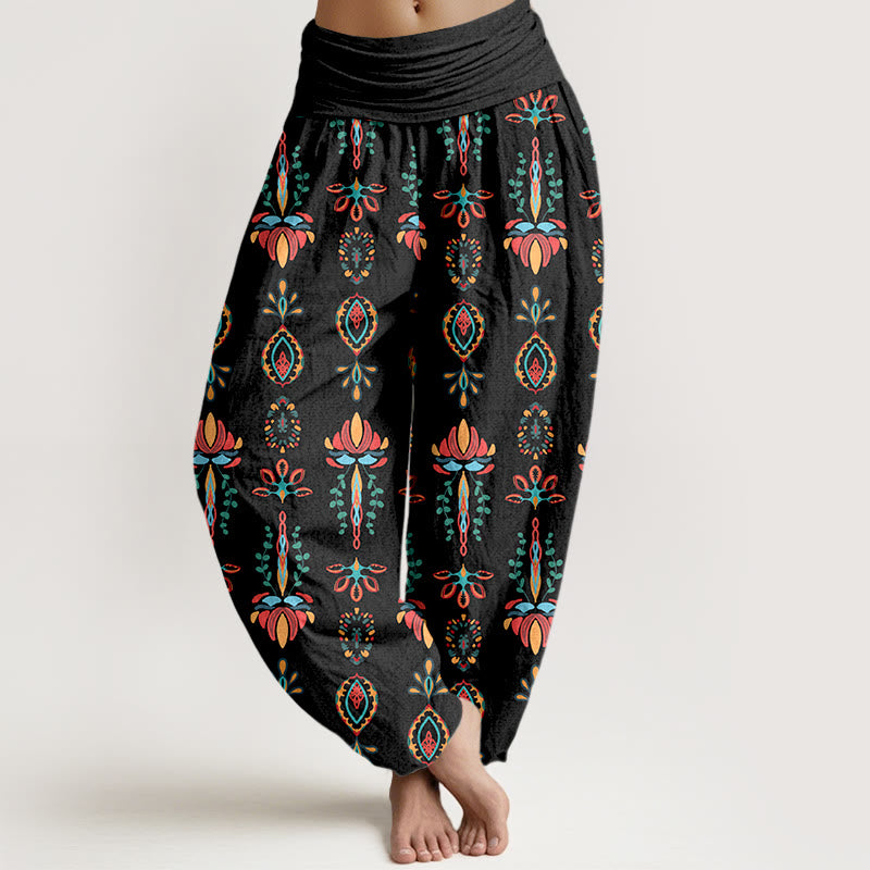 Pantaloni harem da donna con elastico in vita, geometrici, in puro Buddha Stones, con fiori di loto colorati e foglie verdi - Nero - US16, UK/AU20, EU48 (3XL) - image 5