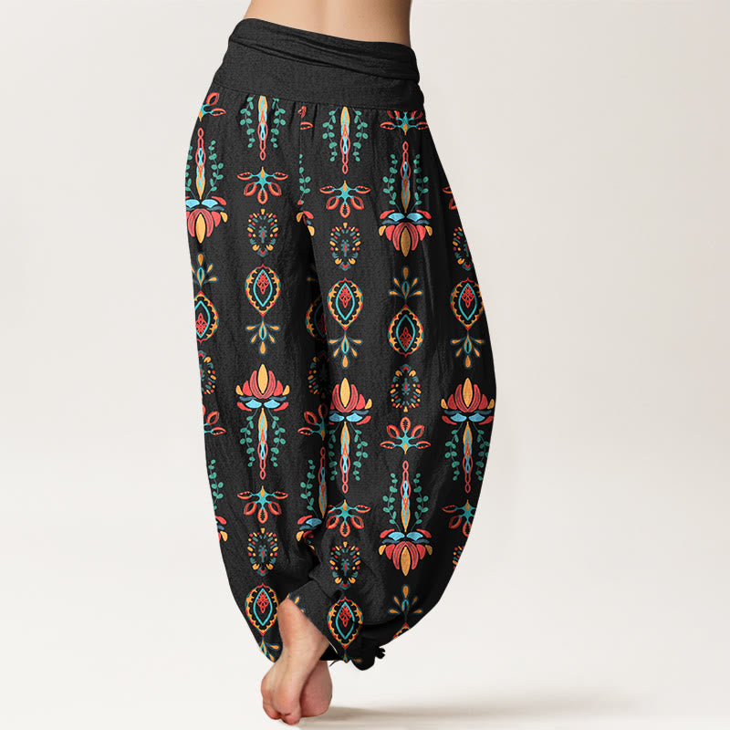 Pantaloni harem da donna con elastico in vita, geometrici, in puro Buddha Stones, con fiori di loto colorati e foglie verdi - image 6