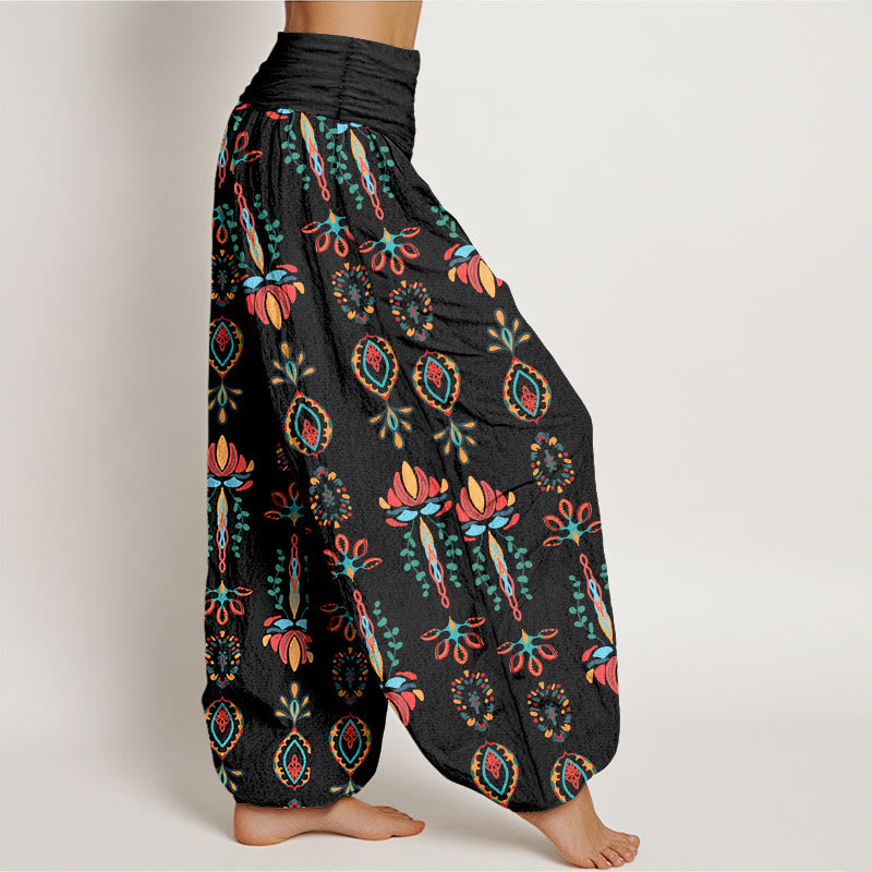 Pantaloni harem da donna con elastico in vita, geometrici, in puro Buddha Stones, con fiori di loto colorati e foglie verdi - image 7