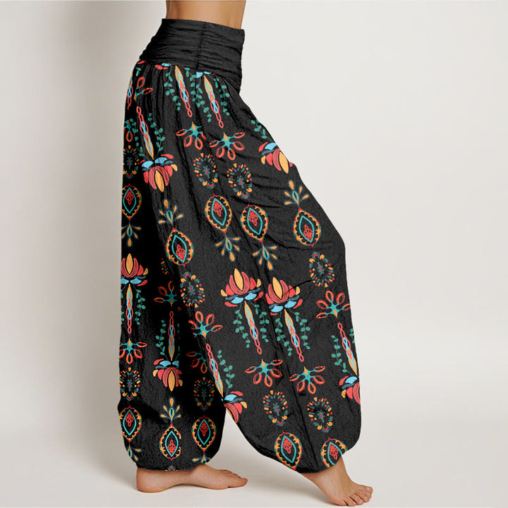 Pantaloni harem da donna con elastico in vita, geometrici, in puro Buddha Stones, con fiori di loto colorati e foglie verdi - image 7