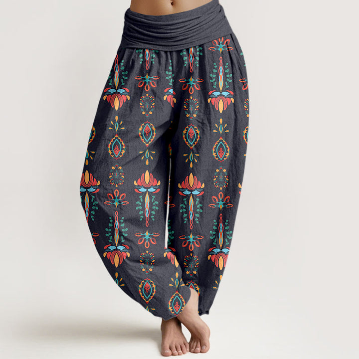 Pantaloni harem da donna con elastico in vita, geometrici, in puro Buddha Stones, con fiori di loto colorati e foglie verdi - Grigio - US16, UK/AU20, EU48 (3XL) - image 8