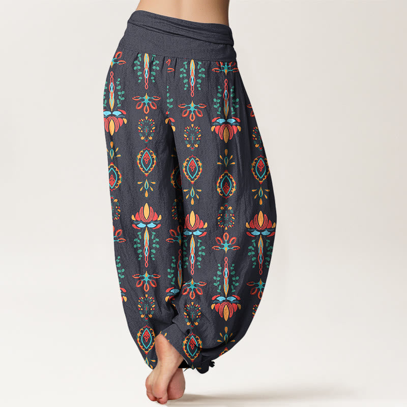 Pantaloni harem da donna con elastico in vita, geometrici, in puro Buddha Stones, con fiori di loto colorati e foglie verdi - image 9