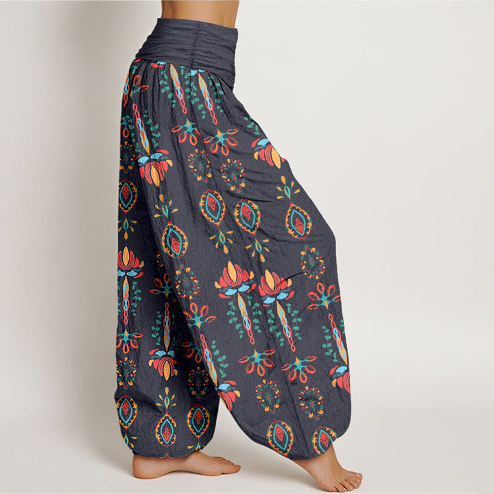 Pantaloni harem da donna con elastico in vita, geometrici, in puro Buddha Stones, con fiori di loto colorati e foglie verdi - image 10