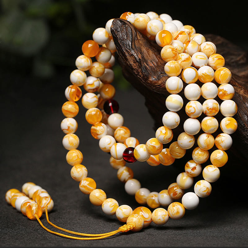 Mala tibetano in ambra bianca e gialla con 108 perle Buddha Stones - image 2