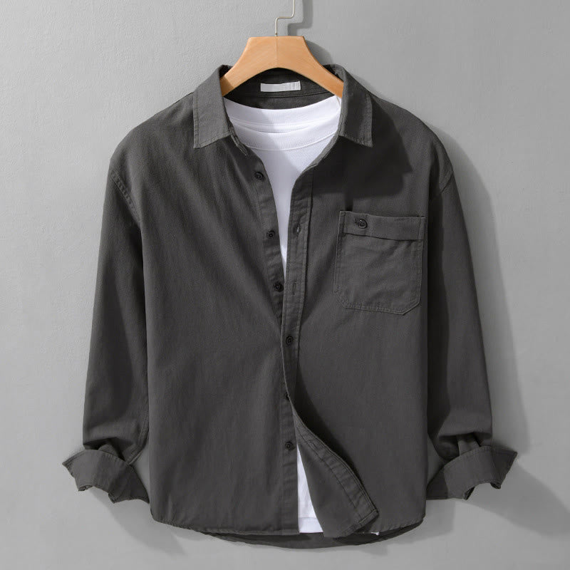 Camicia da uomo in cotone con colletto alla coreana, manica lunga, casual, tinta unita, con bottoni e tasca decorativa, Buddha Stones - Grigio scuro - US/UK/AU42, EU52 (3XL) - image 17