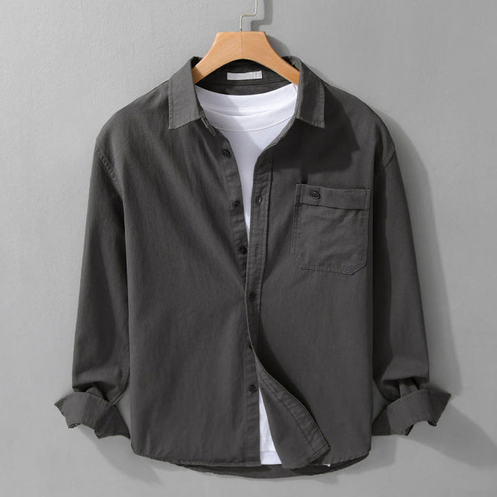 Camicia da uomo in cotone con colletto alla coreana, manica lunga, casual, tinta unita, con bottoni e tasca decorativa, Buddha Stones - Grigio scuro - US/UK/AU42, EU52 (3XL) - image 17