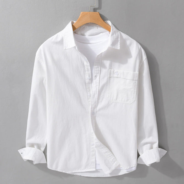 Camicia da uomo in cotone con colletto alla coreana, manica lunga, casual, tinta unita, con bottoni e tasca decorativa, Buddha Stones - Bianco - US/UK/AU42, EU52 (3XL) - image 20