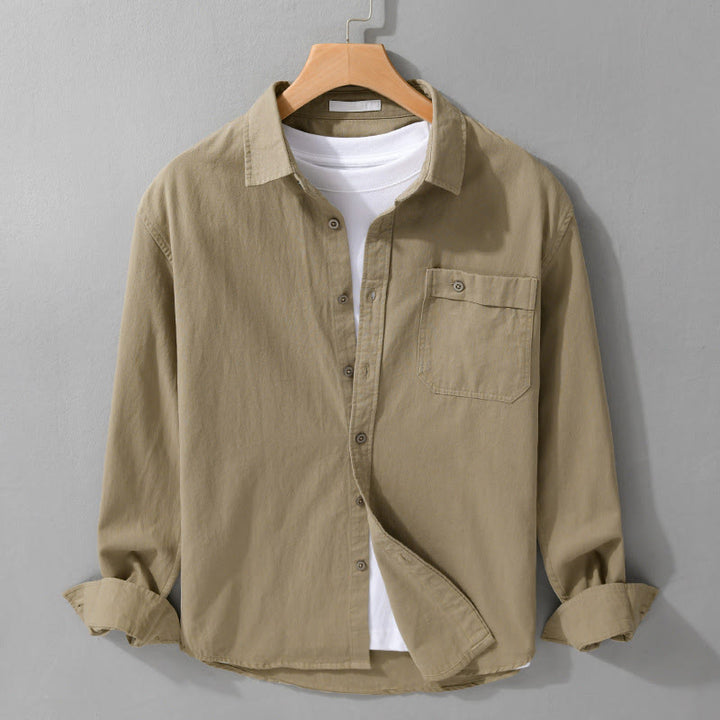 Camicia da uomo in cotone con colletto alla coreana, manica lunga, casual, tinta unita, con bottoni e tasca decorativa, Buddha Stones - Abbronzatura - US/UK/AU42, EU52 (3XL) - image 10