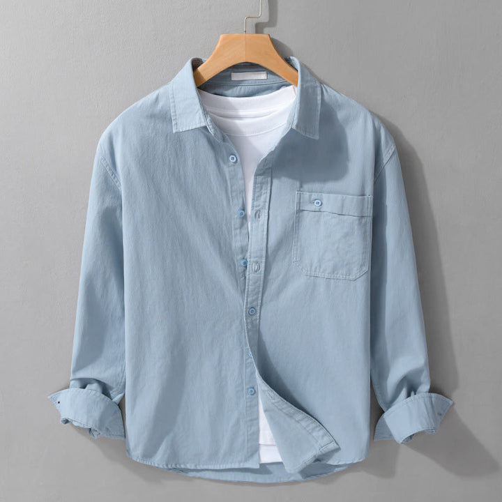 Camicia da uomo in cotone con colletto alla coreana, manica lunga, casual, tinta unita, con bottoni e tasca decorativa, Buddha Stones - Cielo blu - US/UK/AU42, EU52 (3XL) - image 5