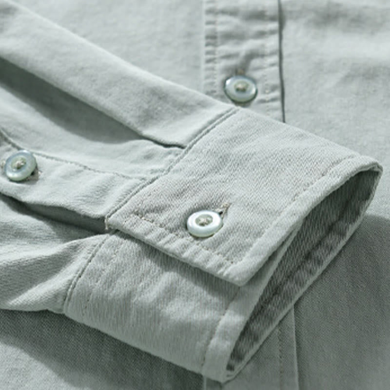 Camicia da uomo in cotone con colletto alla coreana, manica lunga, casual, tinta unita, con bottoni e tasca decorativa, Buddha Stones - image 3