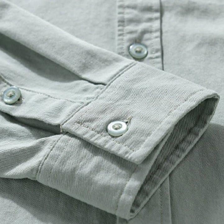 Camicia da uomo in cotone con colletto alla coreana, manica lunga, casual, tinta unita, con bottoni e tasca decorativa, Buddha Stones - image 3