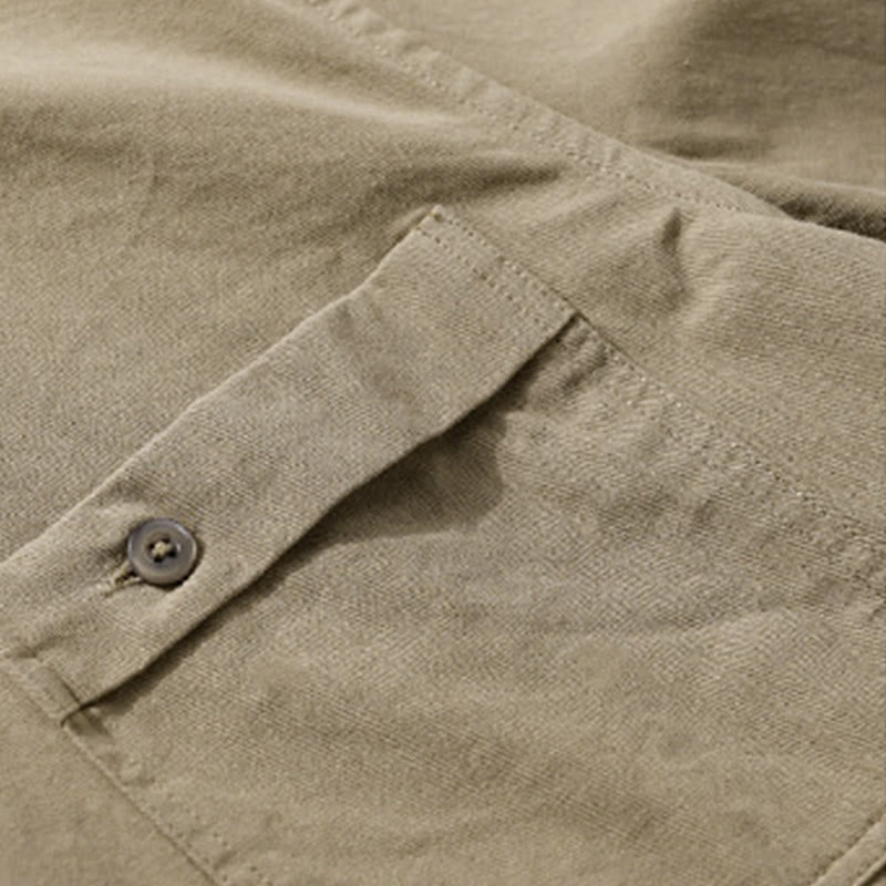 Camicia da uomo in cotone con colletto alla coreana, manica lunga, casual, tinta unita, con bottoni e tasca decorativa, Buddha Stones - image 14