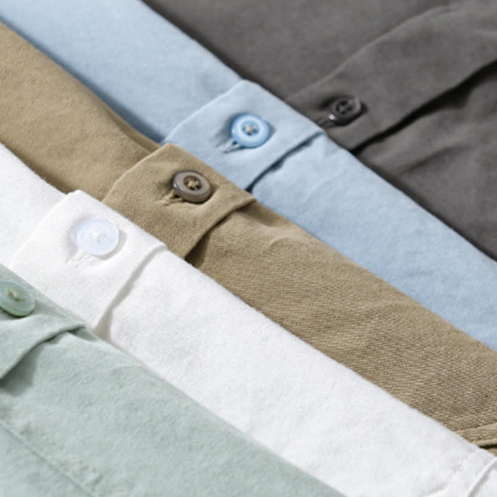 Camicia da uomo in cotone con colletto alla coreana, manica lunga, casual, tinta unita, con bottoni e tasca decorativa, Buddha Stones - image 28