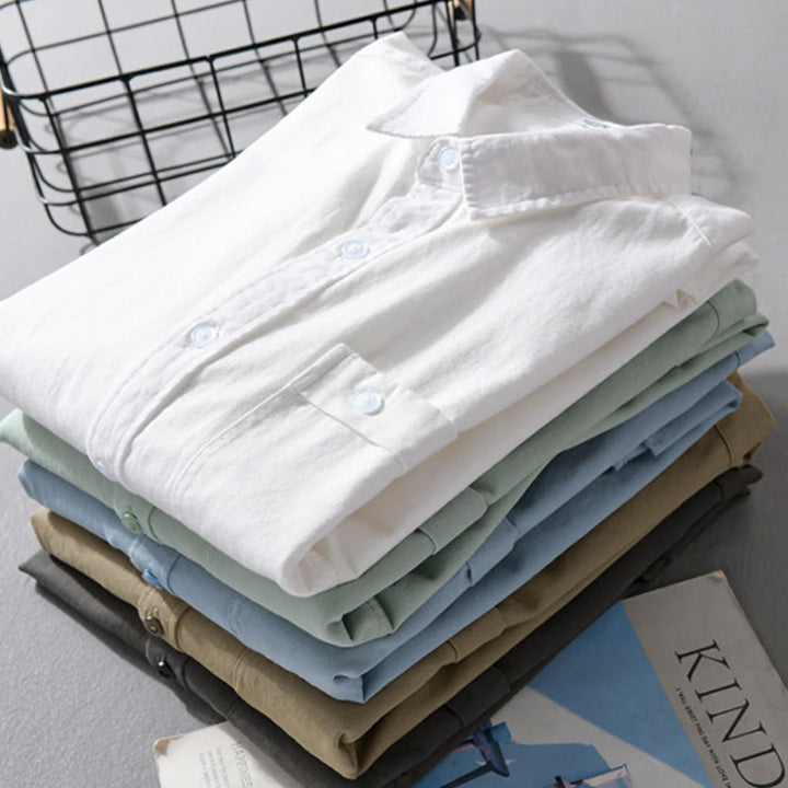 Camicia da uomo in cotone con colletto alla coreana, manica lunga, casual, tinta unita, con bottoni e tasca decorativa, Buddha Stones - image 25