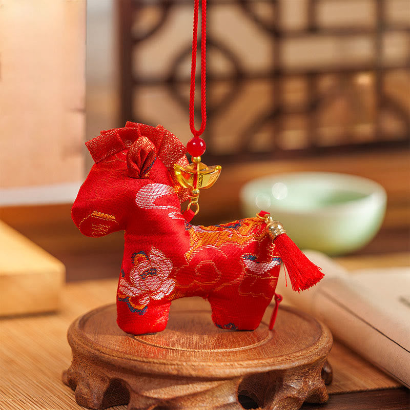 Decorazione da appendere con ricamo a nappa in corda rossa, motivo Buddha Stones Year of the Horse - Cavallo rosso (10,5*9 cm) - image 0