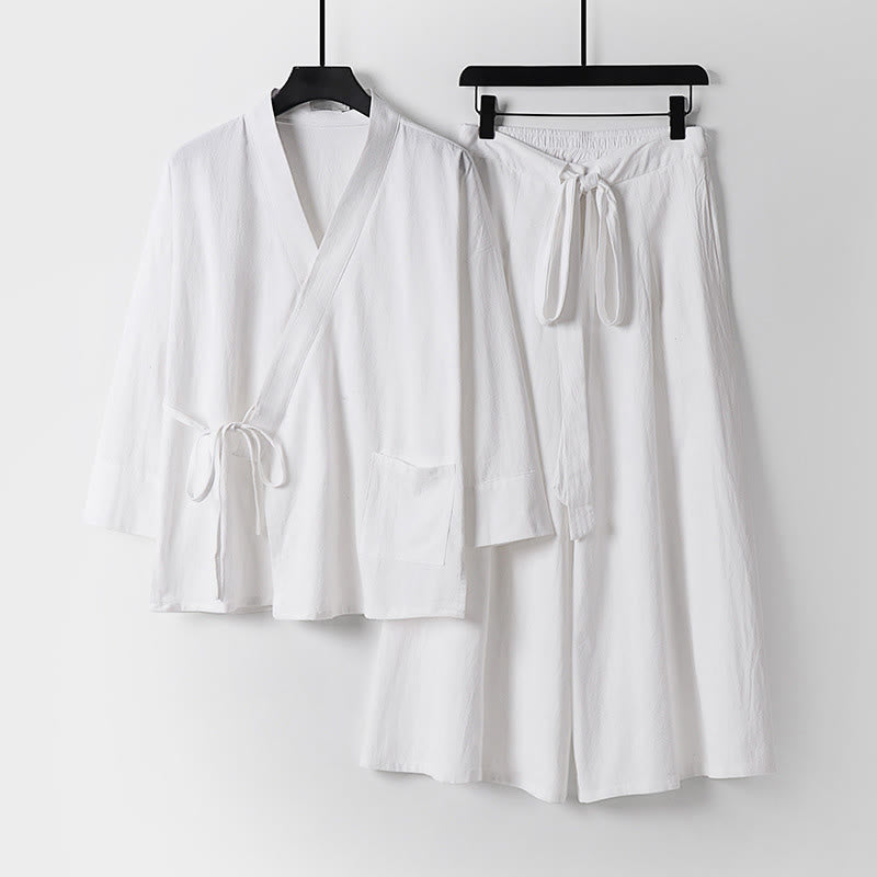 Set di 2 pezzi di kimono in cotone con lacci, pantaloni larghi alla caviglia e tasche, da meditazione per uomo, Buddha Stones - Bianco - US/UK/AU54, EU64 (9XL) - image 17