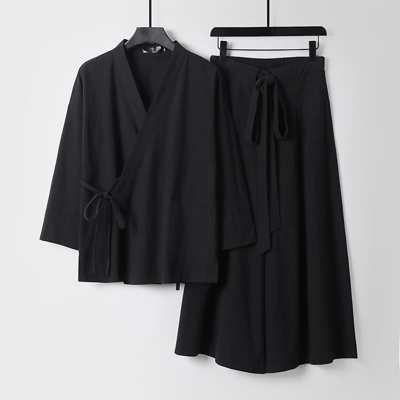 Set di 2 pezzi di kimono in cotone con lacci, pantaloni larghi alla caviglia e tasche, da meditazione per uomo, Buddha Stones - Nero - US/UK/AU54, EU64 (9XL) - image 4