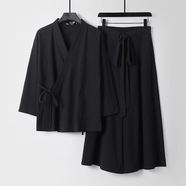 Set di 2 pezzi di kimono in cotone con lacci, pantaloni larghi alla caviglia e tasche, da meditazione per uomo, Buddha Stones - Nero - US/UK/AU54, EU64 (9XL) - image 4