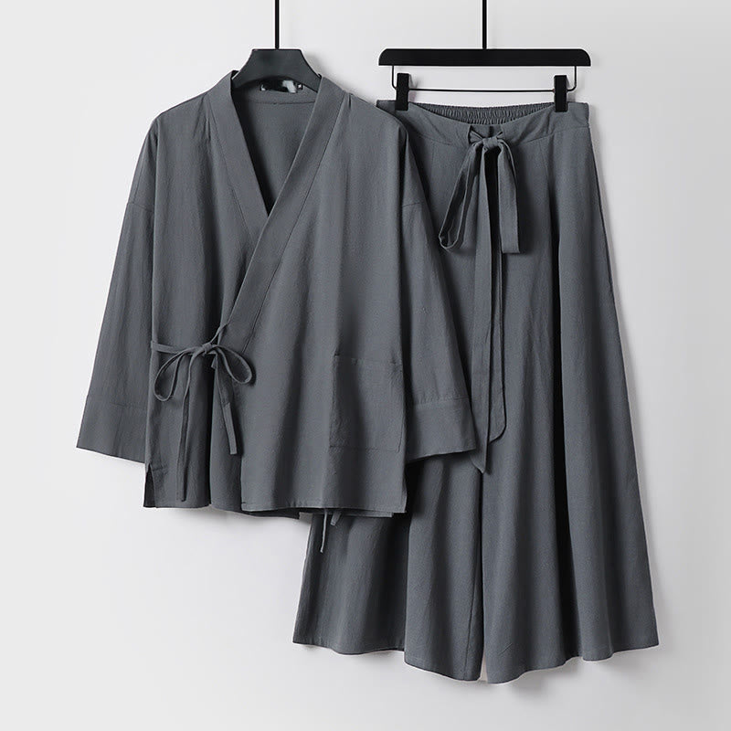 Set di 2 pezzi di kimono in cotone con lacci, pantaloni larghi alla caviglia e tasche, da meditazione per uomo, Buddha Stones - Grigio - US/UK/AU54, EU64 (9XL) - image 0