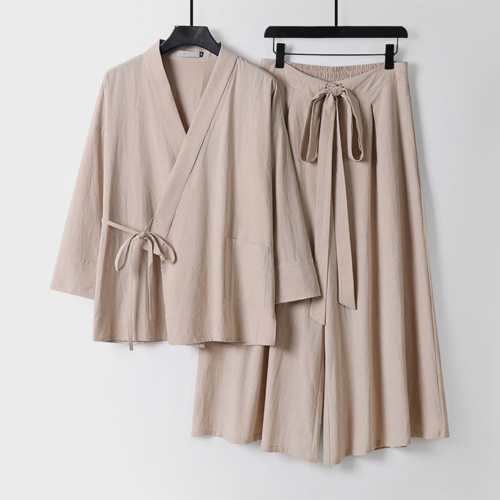 Set di 2 pezzi di kimono in cotone con lacci, pantaloni larghi alla caviglia e tasche, da meditazione per uomo, Buddha Stones - Beige - US/UK/AU54, EU64 (9XL) - image 12