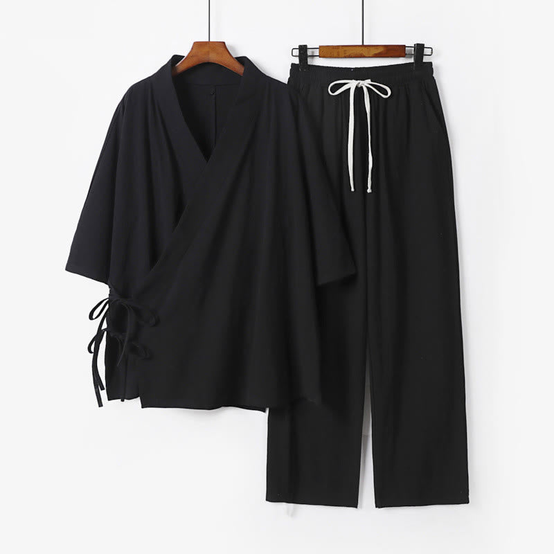 Set di 2 pezzi Buddha Stones, kimono in cotone con coulisse, pantaloni con tasche e maniche a tre quarti, per meditazione da uomo - Nero - US/UK/AU54, EU64 (9XL) - image 4