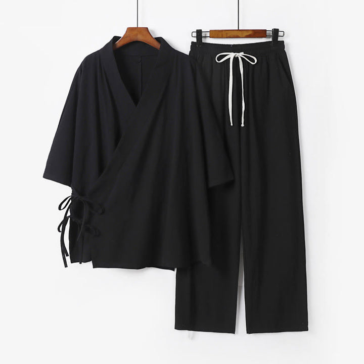 Set di 2 pezzi Buddha Stones, kimono in cotone con coulisse, pantaloni con tasche e maniche a tre quarti, per meditazione da uomo - Nero - US/UK/AU54, EU64 (9XL) - image 4