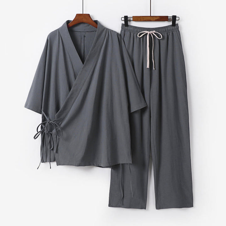 Set di 2 pezzi Buddha Stones, kimono in cotone con coulisse, pantaloni con tasche e maniche a tre quarti, per meditazione da uomo - Grigio - US/UK/AU54, EU64 (9XL) - image 0