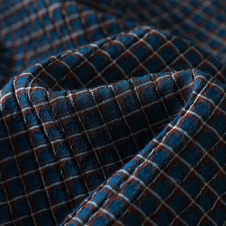 Camicia da donna in cotone a maniche lunghe con scollo a V, bottoni e motivo a quadri blu Buddha Stones Fall - image 10