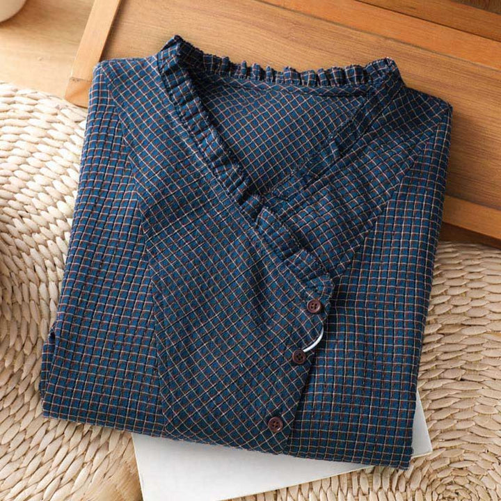 Camicia da donna in cotone a maniche lunghe con scollo a V, bottoni e motivo a quadri blu Buddha Stones Fall - image 2