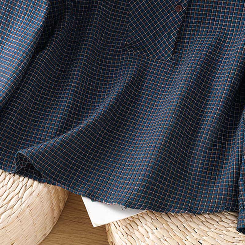 Camicia da donna in cotone a maniche lunghe con scollo a V, bottoni e motivo a quadri blu Buddha Stones Fall - image 7