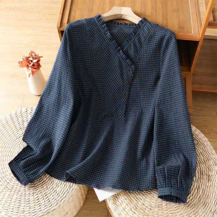 Camicia da donna in cotone a maniche lunghe con scollo a V, bottoni e motivo a quadri blu Buddha Stones Fall - SteelBlue - US8-10, UK/AU12-14, EU40-42 (2XL) - image 0