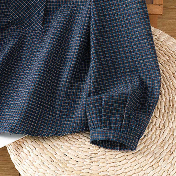 Camicia da donna in cotone a maniche lunghe con scollo a V, bottoni e motivo a quadri blu Buddha Stones Fall - image 8