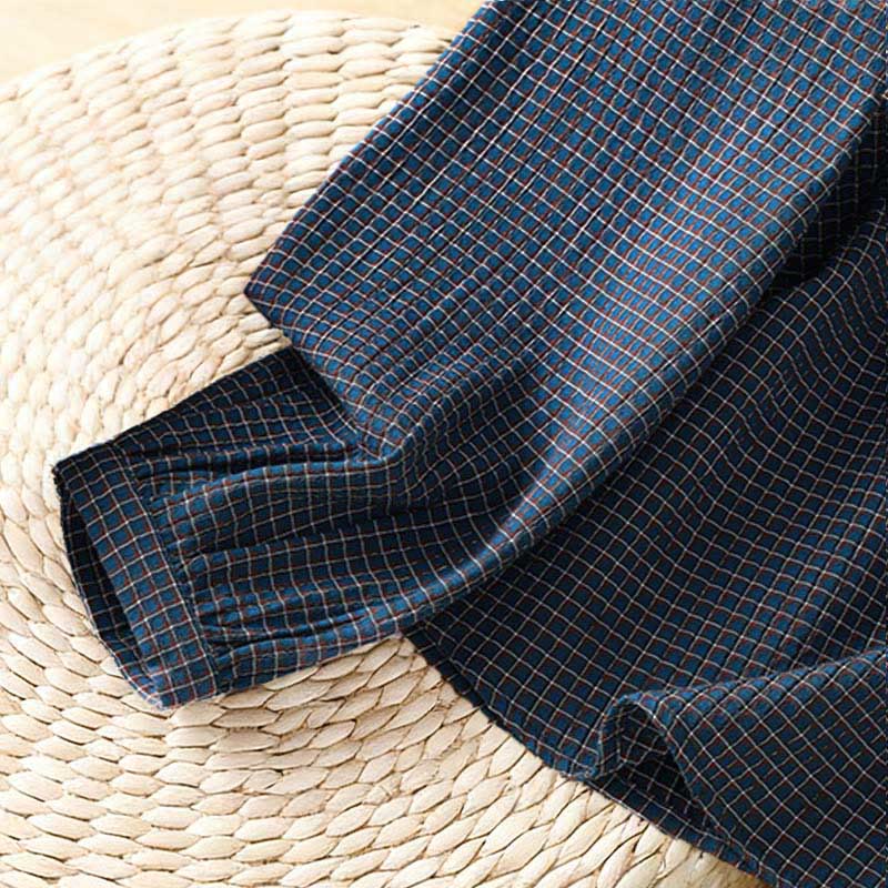 Camicia da donna in cotone a maniche lunghe con scollo a V, bottoni e motivo a quadri blu Buddha Stones Fall - image 6