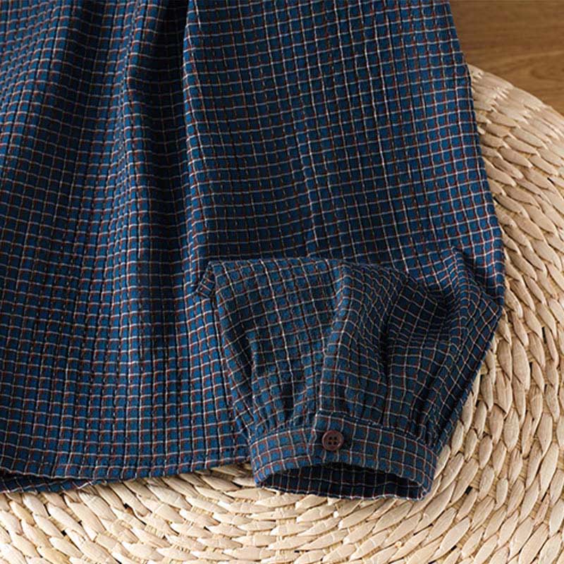 Camicia da donna in cotone a maniche lunghe con scollo a V, bottoni e motivo a quadri blu Buddha Stones Fall - image 9